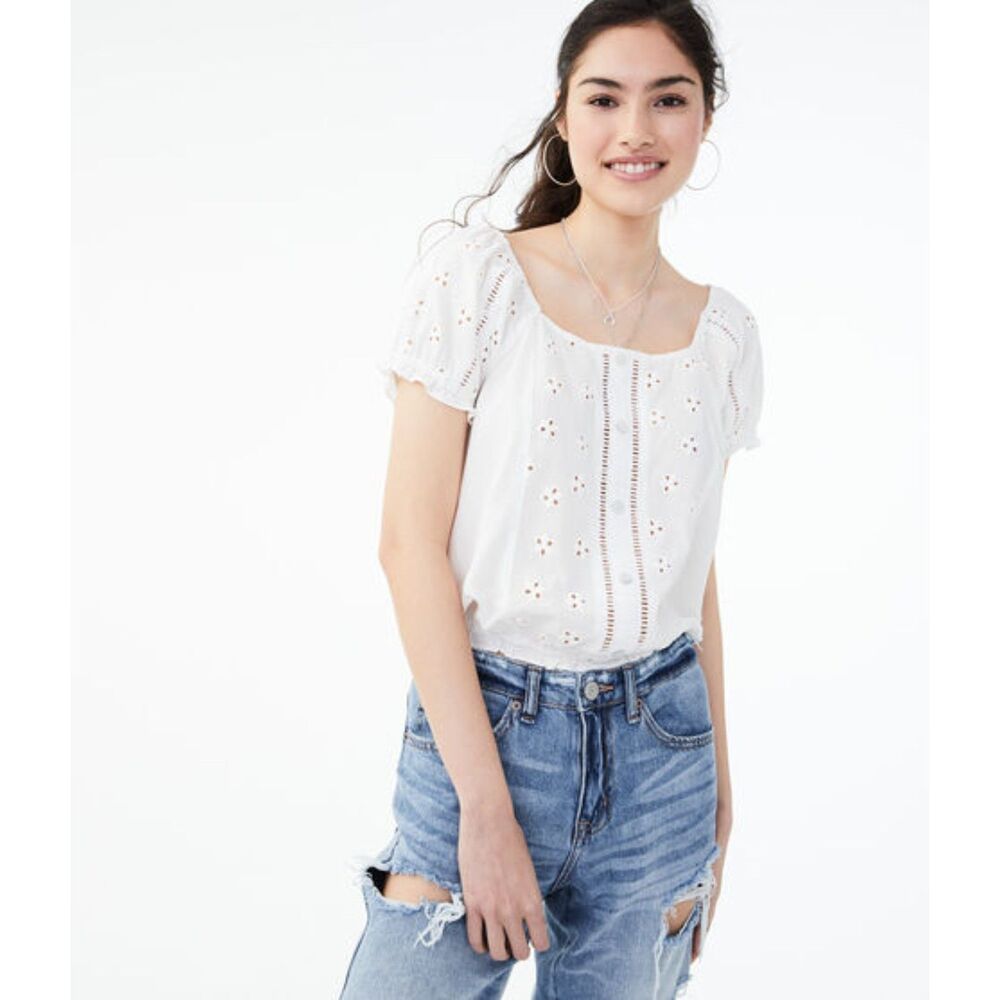 Aeropostale Eyelet Peasant Top S